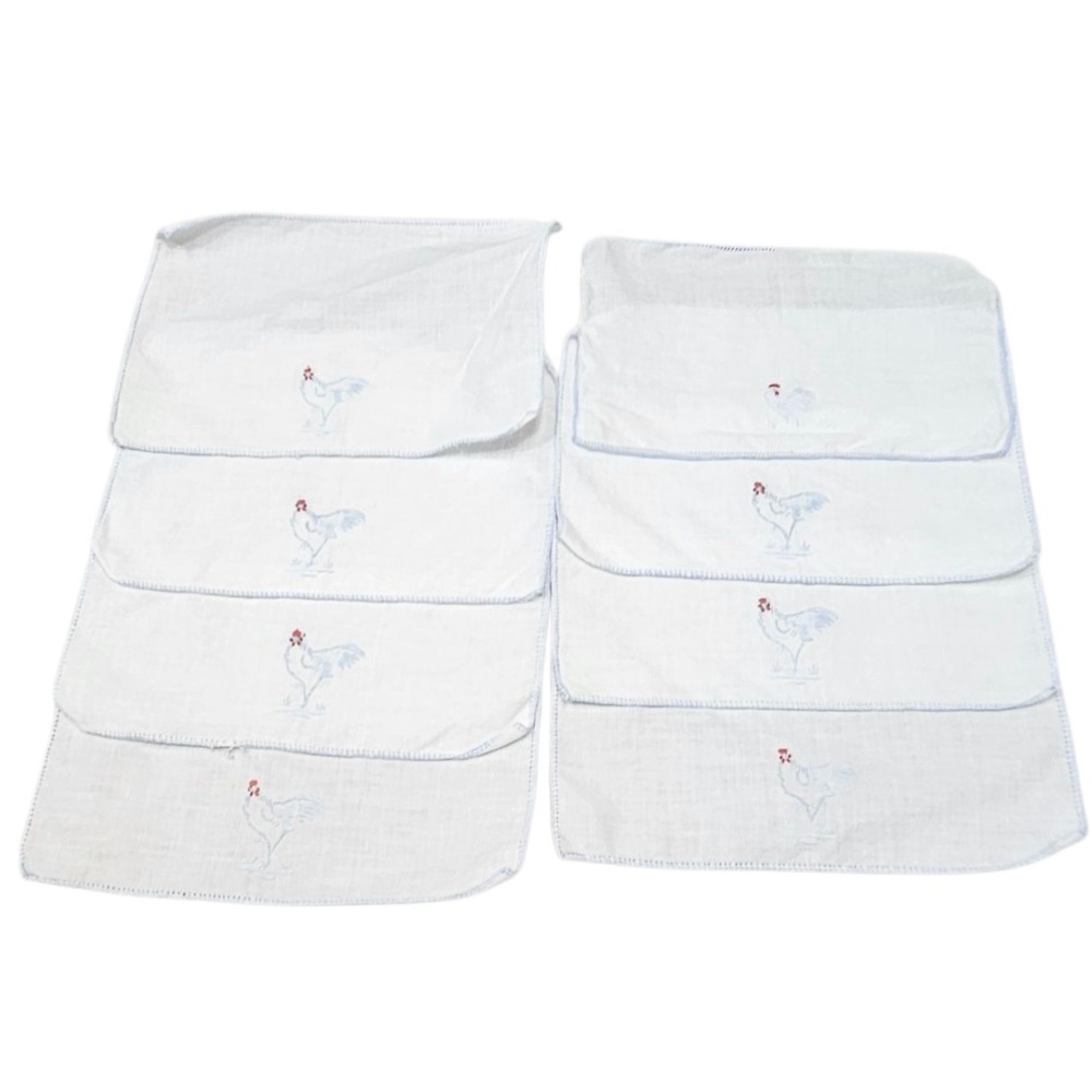 Vintage Country Set of 8 Embroidered Linen Cocktail Napkins‎ White Blue Chicken